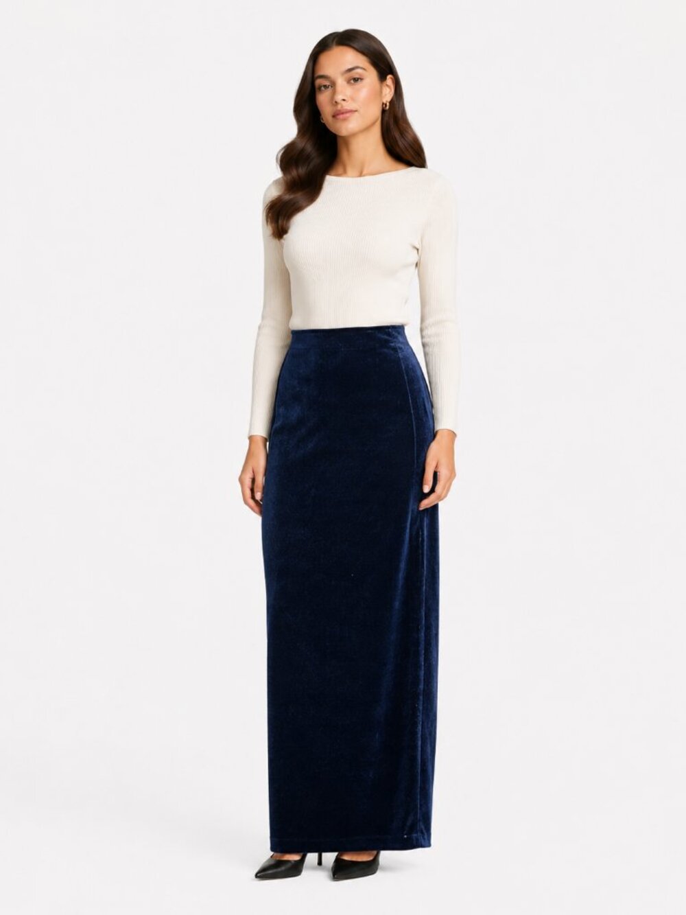 JOSEPH RIBKOFF VINTAGE NAVY METALLIC HIGH RISE VELVET MAXI SKIRT - 4